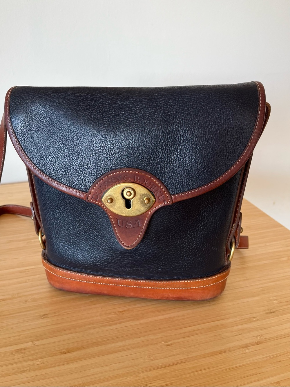Vintage Dooney & Bourke Cavalry Spectator Crossbody Black Pebbled Leather Brass